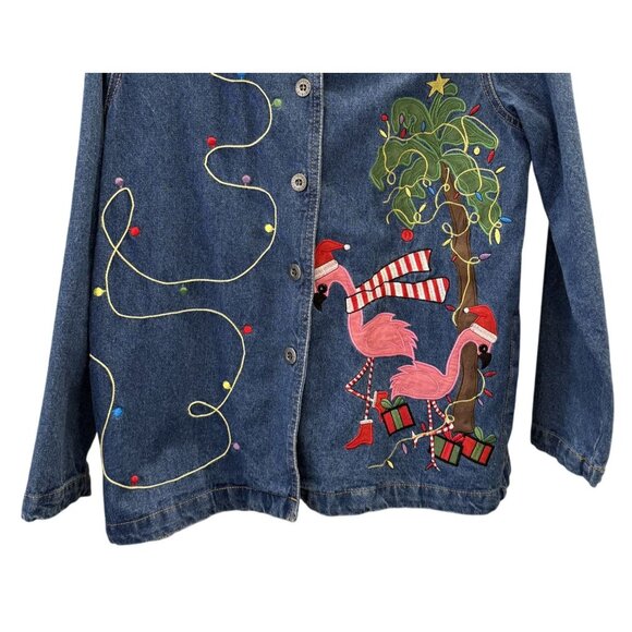 Tantrums Womens Denim Jacket Embroidered Flamingos Tree Holiday Lights S - Picture 3 of 6